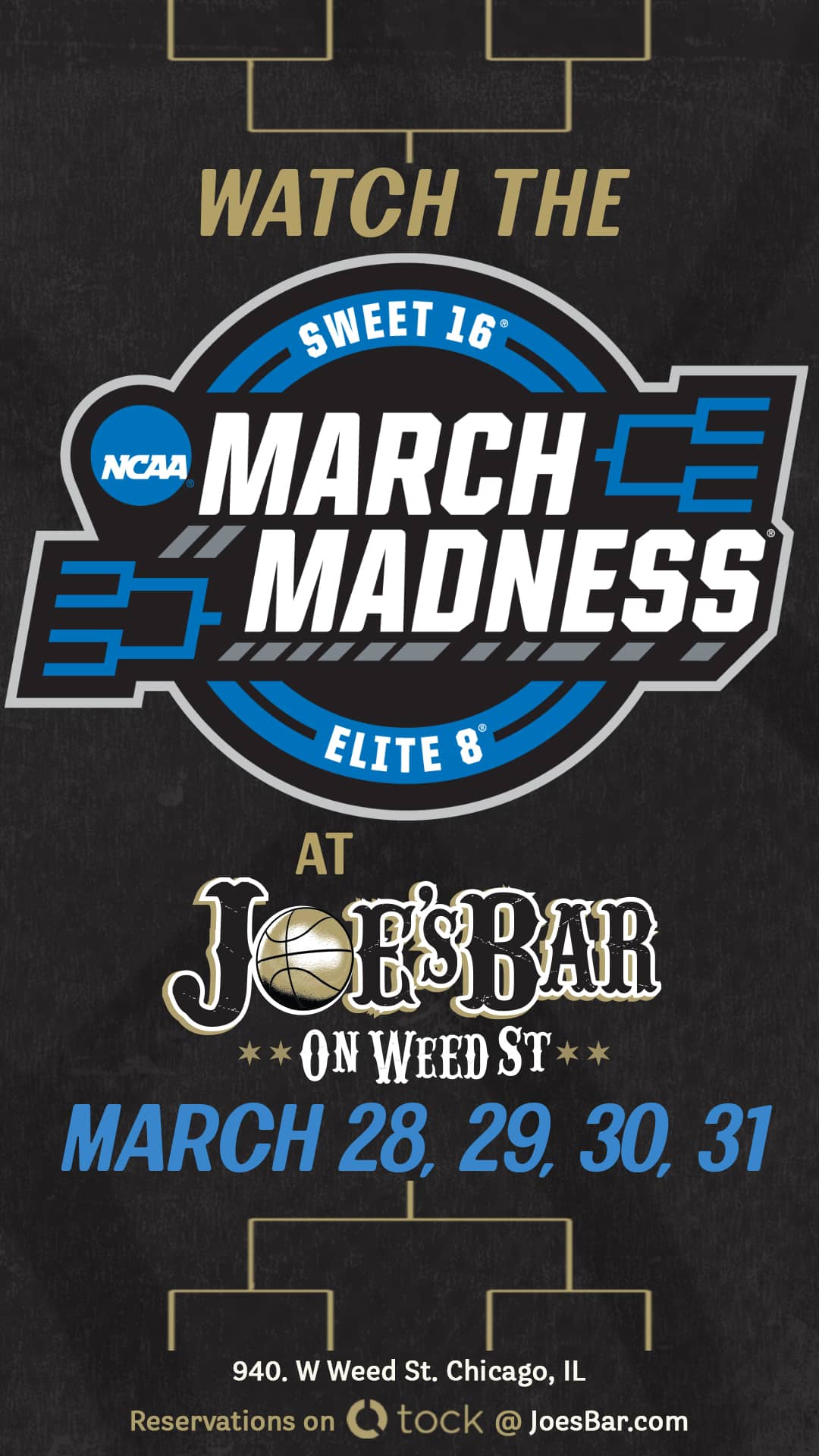 Poster to reserve a table to watch the Elite 8 of the NCAA March Madness Tournament at Joe's on Weed St.