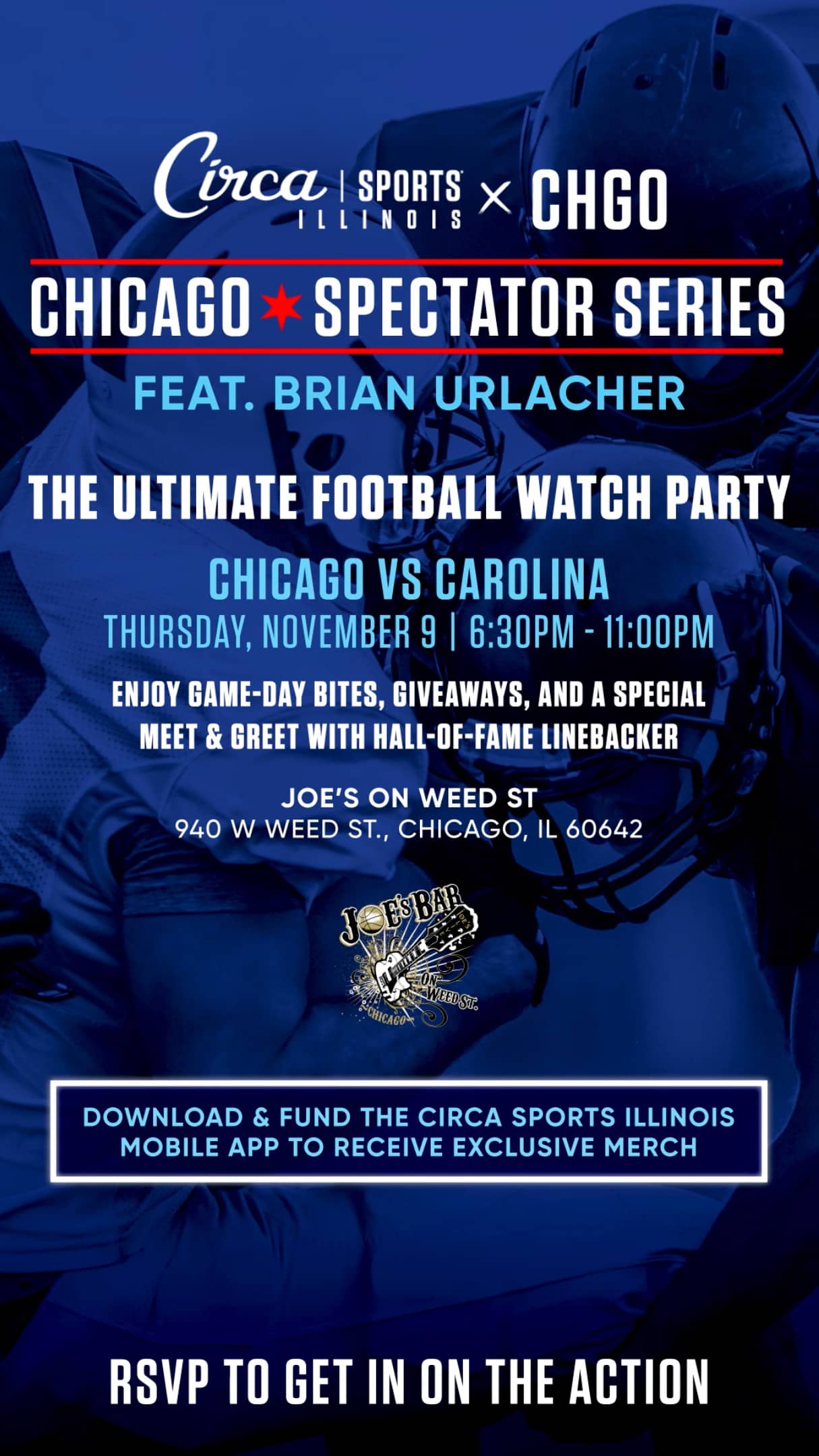 Poster to watch the Chicago Bears vs the Carolina Panthers, featuring Brian Urlacher, on November 9, 2023 at Joe's on Weed St.