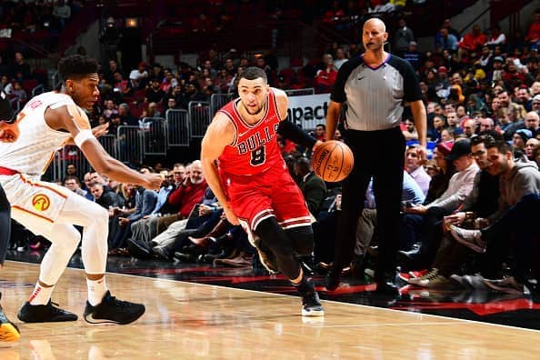 Chicago Bulls player, Zach LaVine, driving to the basket