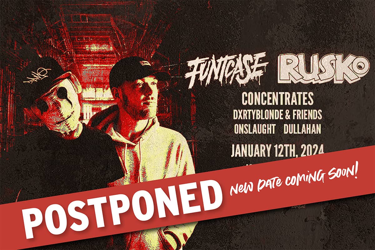 Poster for Funtcase and Rusko with Concentrates * Dxrtyblonde & Friends * Onslaught * Dullahan on January 12, 2024 at Joe's on Weed St.
