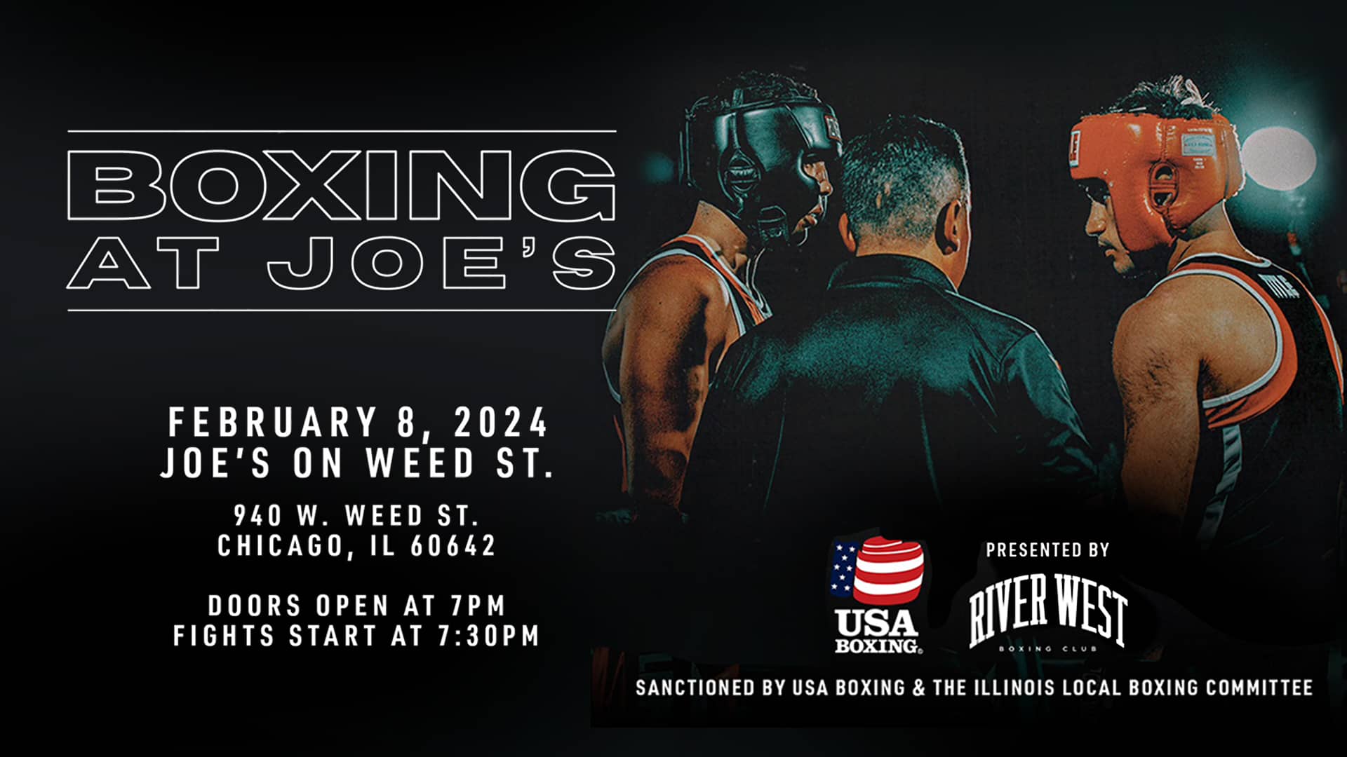 Poster for USA Boxing: Presented By River West Boxing Club on February 8, 2024 at Joe's on Weed St.