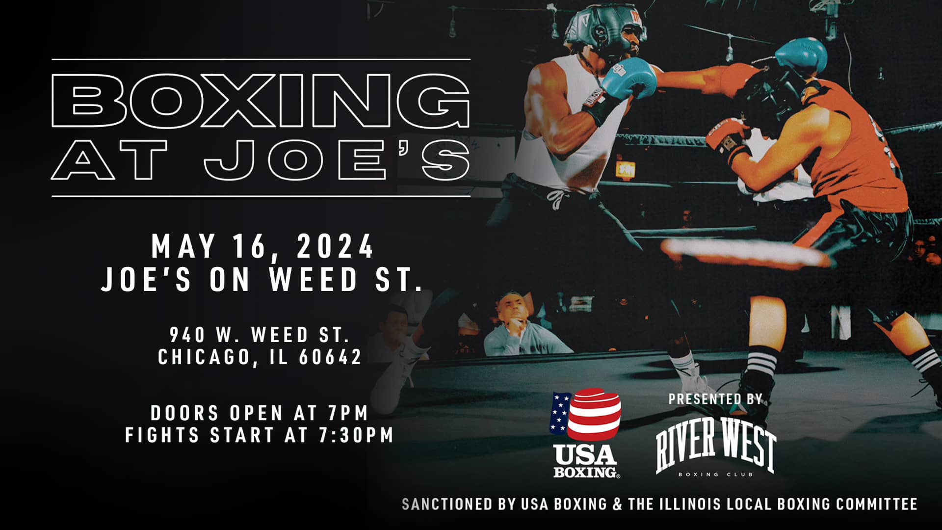 Poster for USA Boxing, presented by River West Boxing Club, on on May 16, 2024 at Joe's on Weed St.
