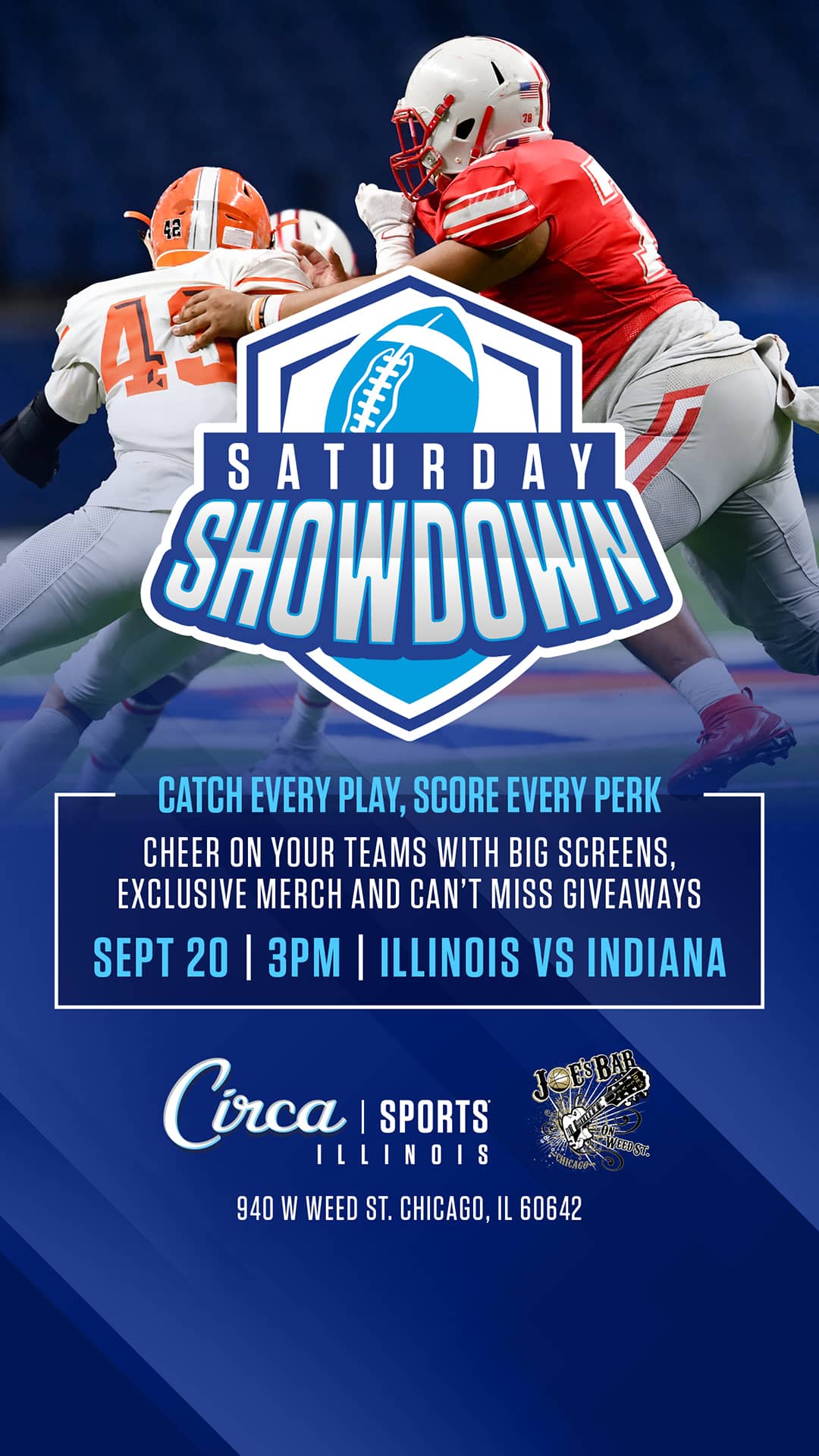 Poster to Reserve Your Table to Watch Saturday Showdown: Illinois vs Indiana on September 20, 2025 at Joe's on Weed St.