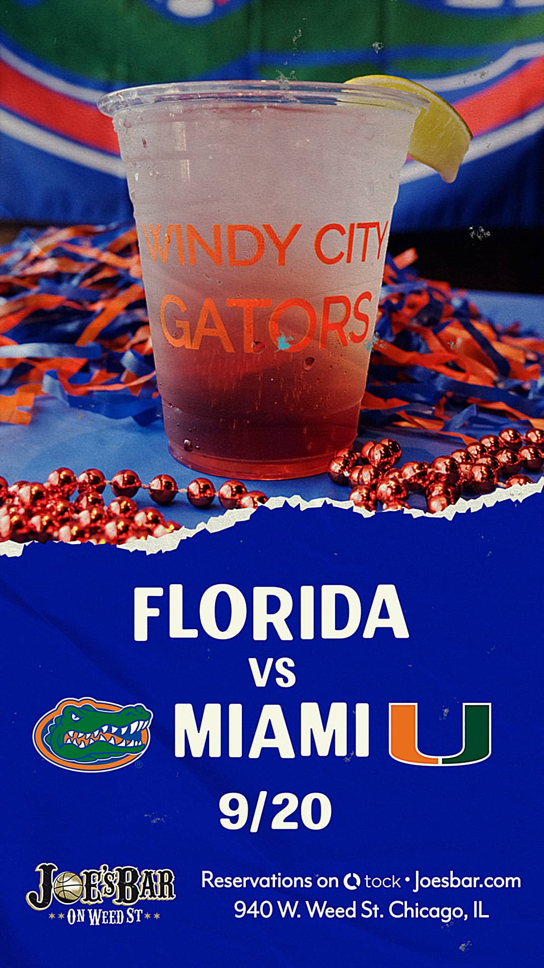 Poster to Reserve Your Table to Watch Florida vs Miami on September 20, 2025 at Joe's on Weed St.
