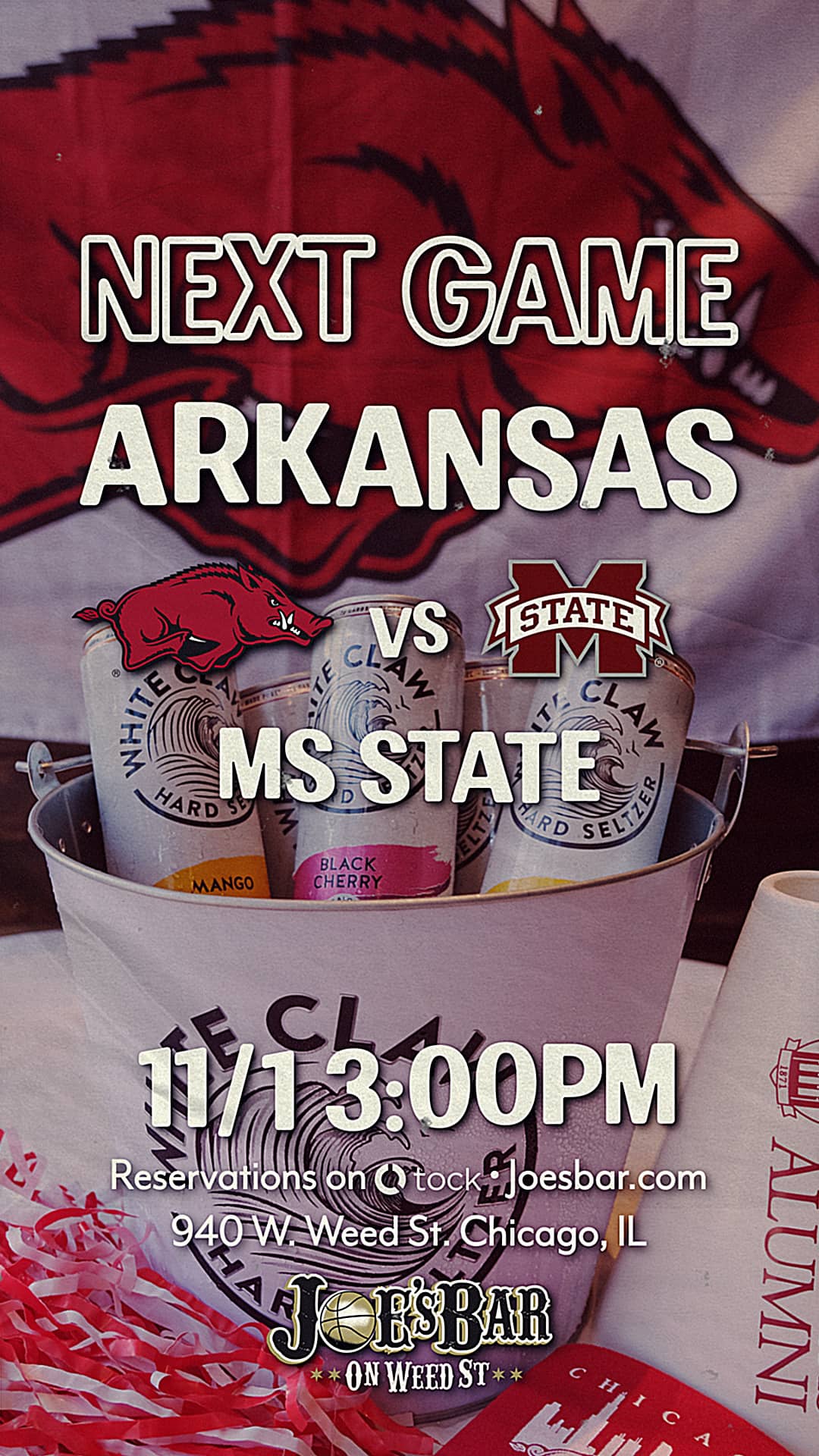 Poster To Watch the Arkansas Razorbacks vs Mississippi State Bulldogs on on November 1, 2025 at Joe's on Weed St.
