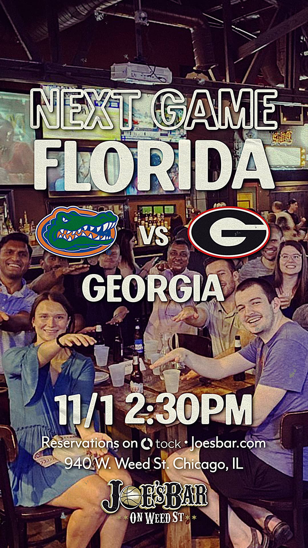 Poster to Watch Florida Gators vs Georgia Bulldogs on November 1, 2025 at Joe's on Weed St.