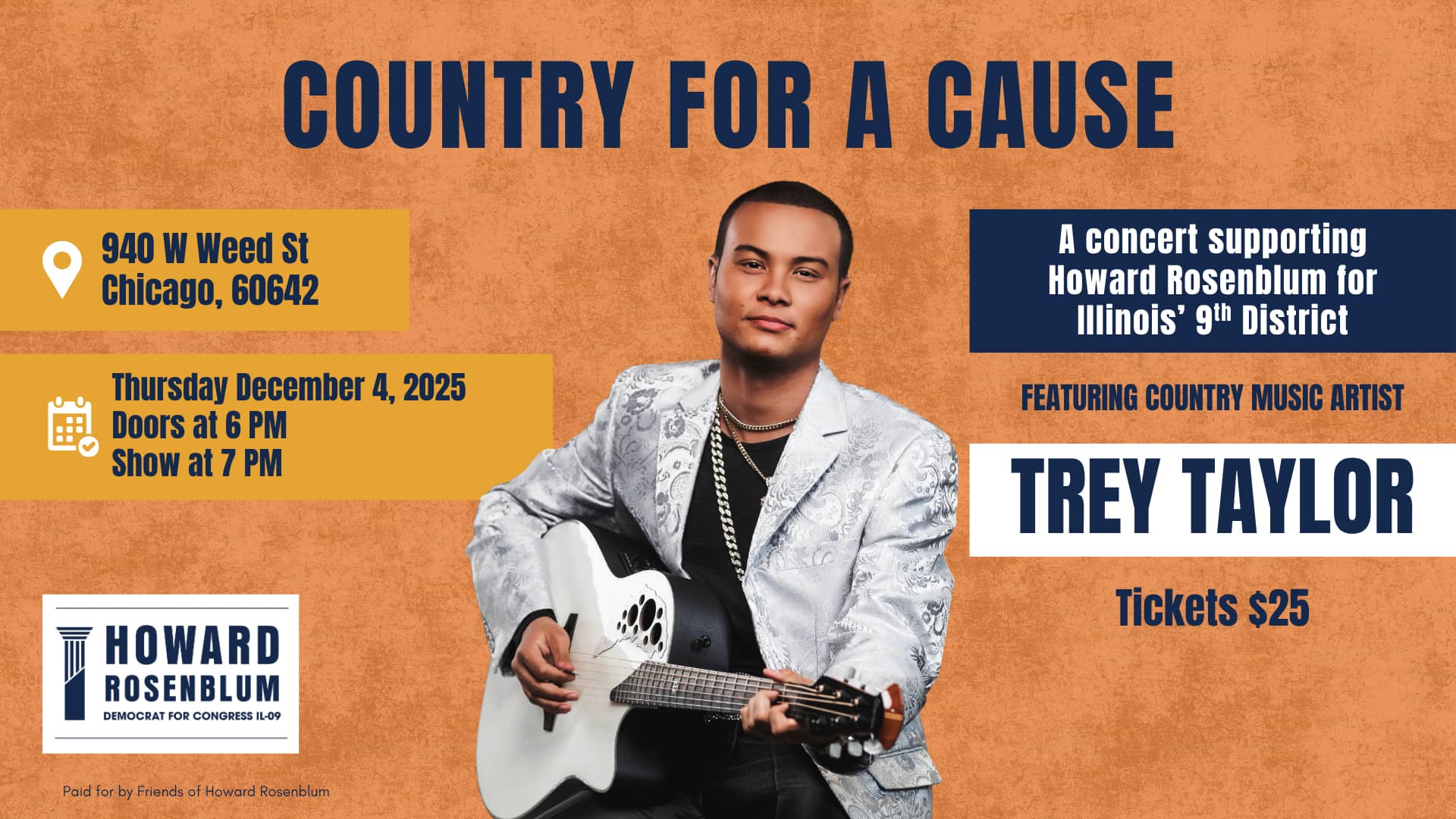 Poster for Howard Rosenblum Fundraiser, with Trae Taylor, on December 4, 2025 at Joe's on Weed St.